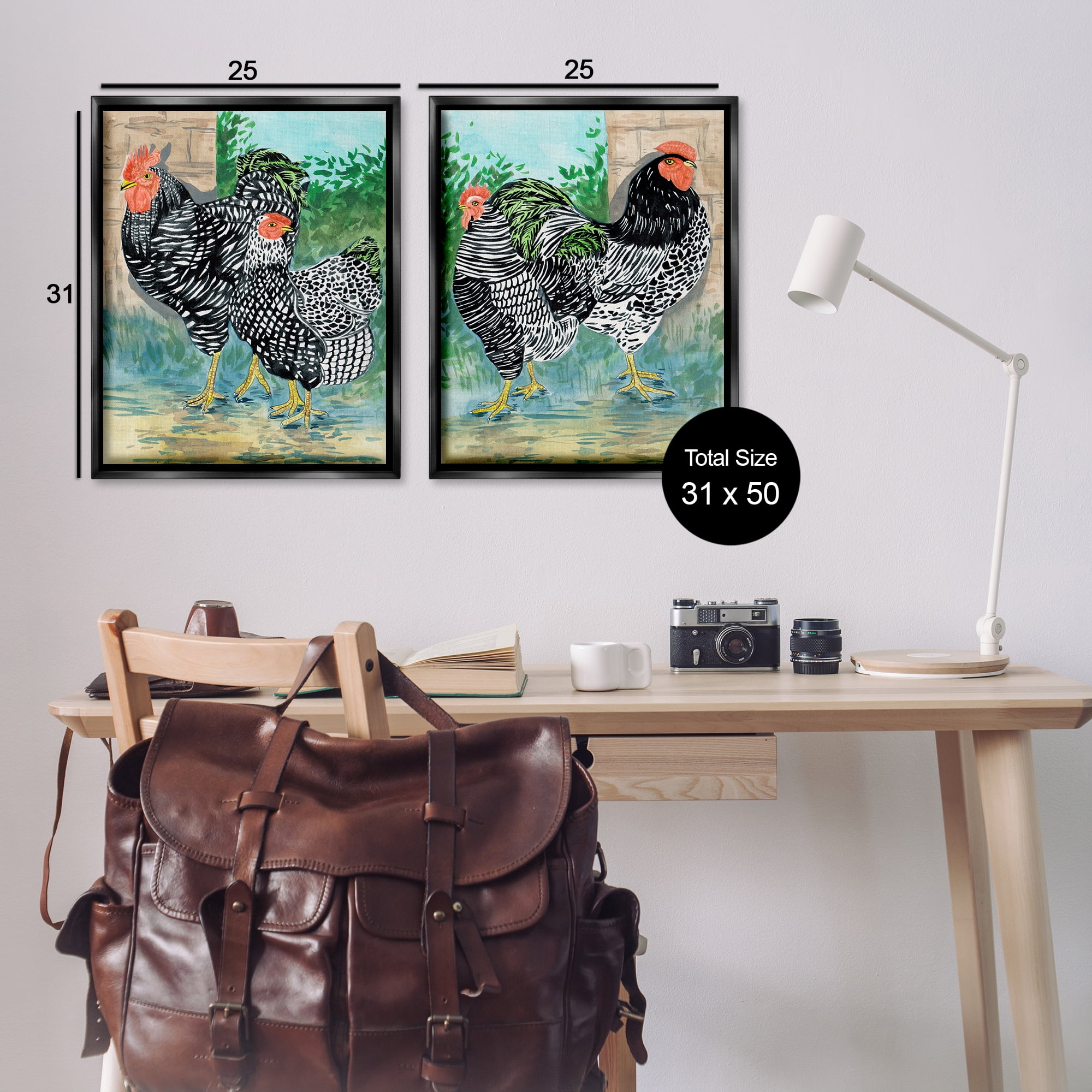 Stupell Industries Rooster and Hen Foraging Animals Painting Black Floater Framed Canvas Art Print Wall Art, 31 x 25, Set of 2
