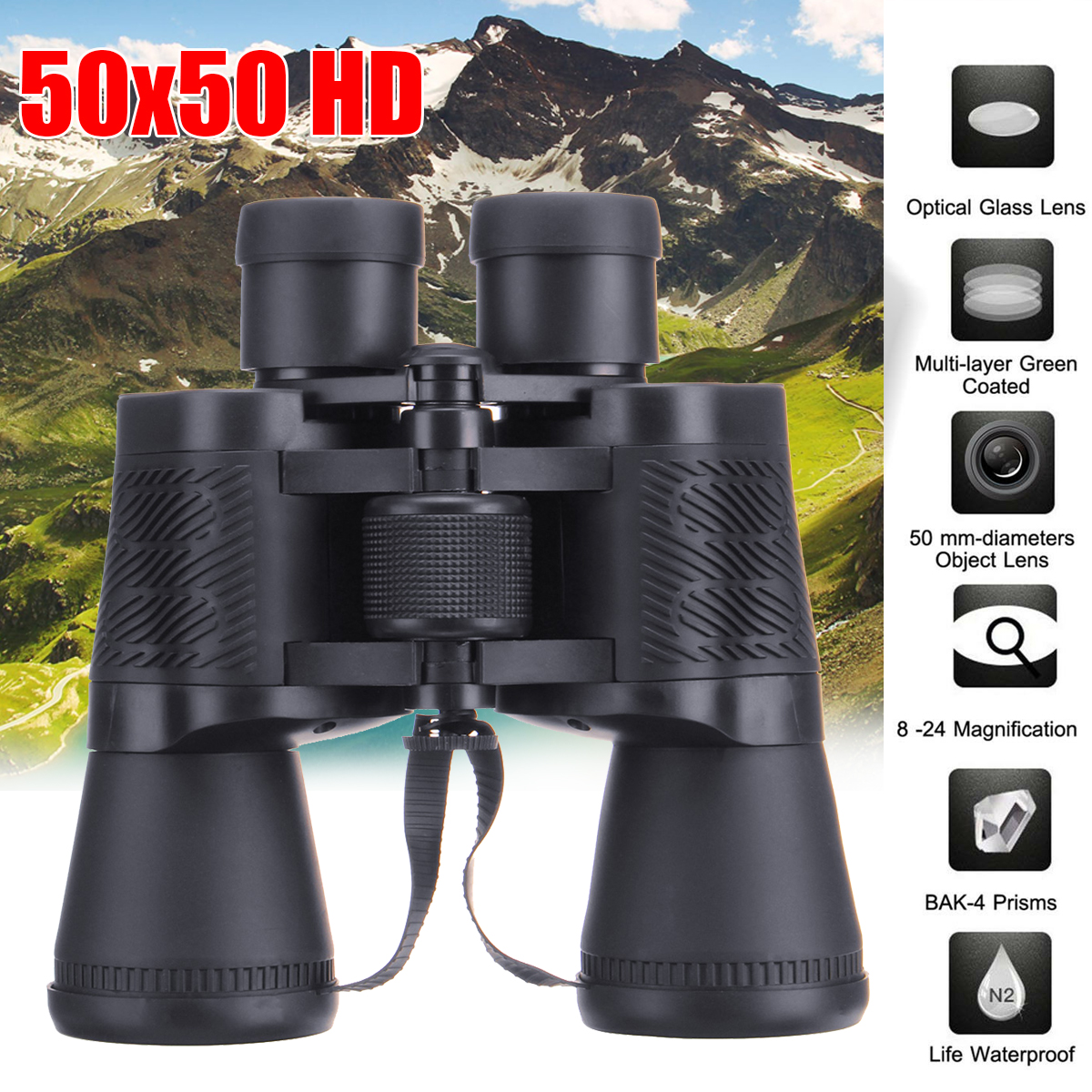 50x50HD/40x60mm/BAK4 Prisms Offe/Night Military Army Zoom Powerful Folding Binoculars Optics Hunting Camping with Storage Bag Cleaning cloth (Black)