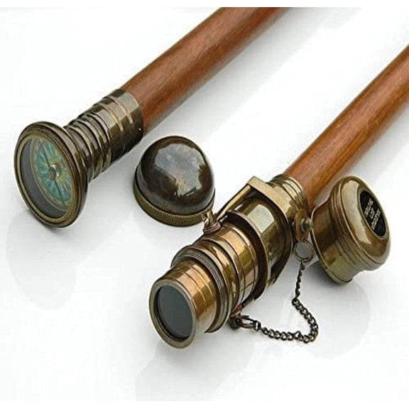 Vintage Brass Telescope Walking Stick with Compass | Nautical Spyglass Wooden Cane – 3 Fold | Maritime Treasures