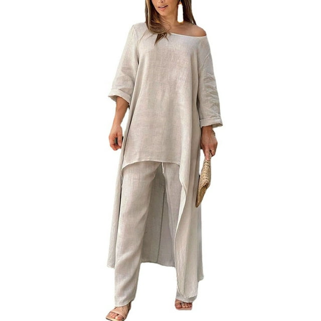MAWCLOS Ensemble Deux Pièces pour Femme Taille Élastique Ensembles de Détente Manches Longues Ensemble de Détente Mode Vacances Col Ras du Cou Pyjama Gris G
