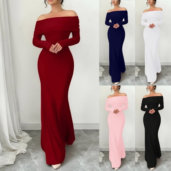 FRSASU Women's Elegant off the Shoulder Bodycon Long Sleeve Maxi Dress Cocktail Party Wedding Guest formal Dresses White