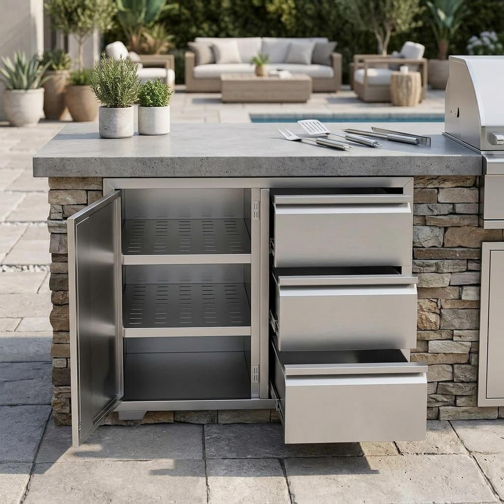 Stainless Steel Outdoor Kitchen Cabinet, 3 Drawer Built-in BBQ Storage Cabinet with Single Door for Patio Grill Station