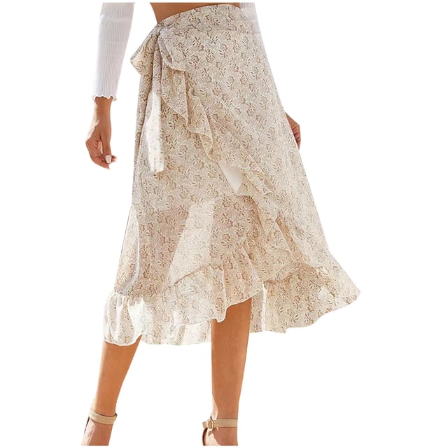 QIPOPIQ Jupe Midi Fendue à Imprimé Floral Bohème pour Femme, Portefeuille à Nouer devant, Ourlet à Volants, Liquidation