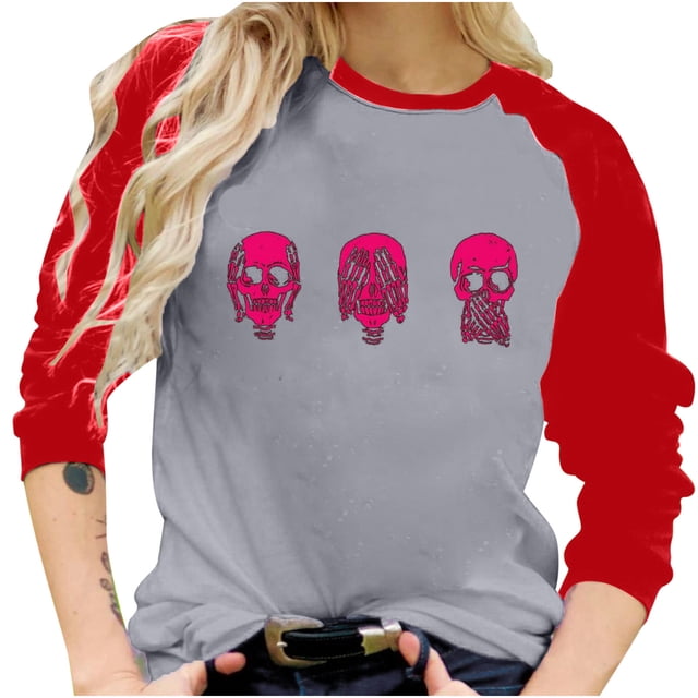 Camiseta suelta estampada a la moda para mujer, blusa de manga larga, cuello redondo, camisetas informales Pompotops FGAJ8240