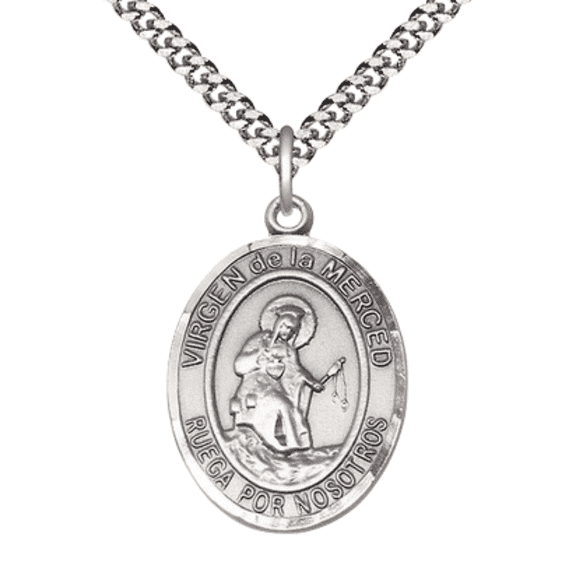 Pewter Virgen de la Merced Medal Pendant on 24 Inch Endless Rhodium Plated Heavy Curb Chain,Catholic Religious Necklace -Made in USA- Deluxe Velvet Gift Box