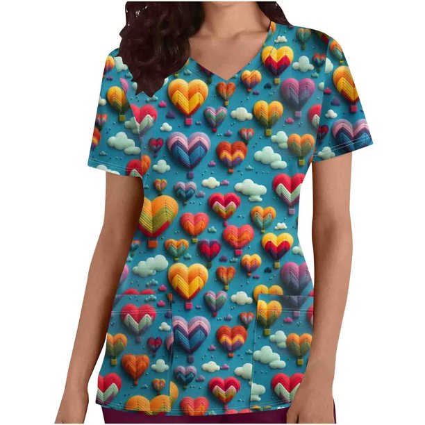 Fiudx Camisas para Mujer Blusa de Manga Corta con Cuello En V para Mujer, Uniforme de Trabajo, Impresión de Bolsillo