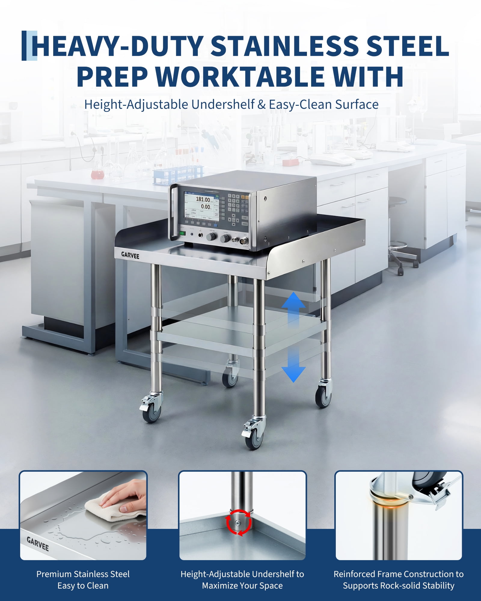 QinaQin Stainless Steel Workbench with Removable Three-Sided Backsplash and Four Locking Wheels, Heavy-Duty Commercial Kitchen Preparation Cart