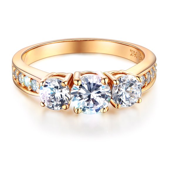 Wellingsale Ladies Solid 14k Yellow Gold Polished CZ Cubic Zirconia Round Cut Three 3 Stone Engagement Ring with Side Stones - Size 4