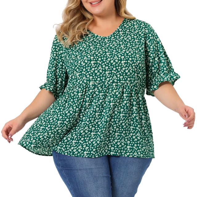 Blusas de talgrande pamujer, con estampado floral, ligeras, con cuello en V, pababydoll Verde 3XL