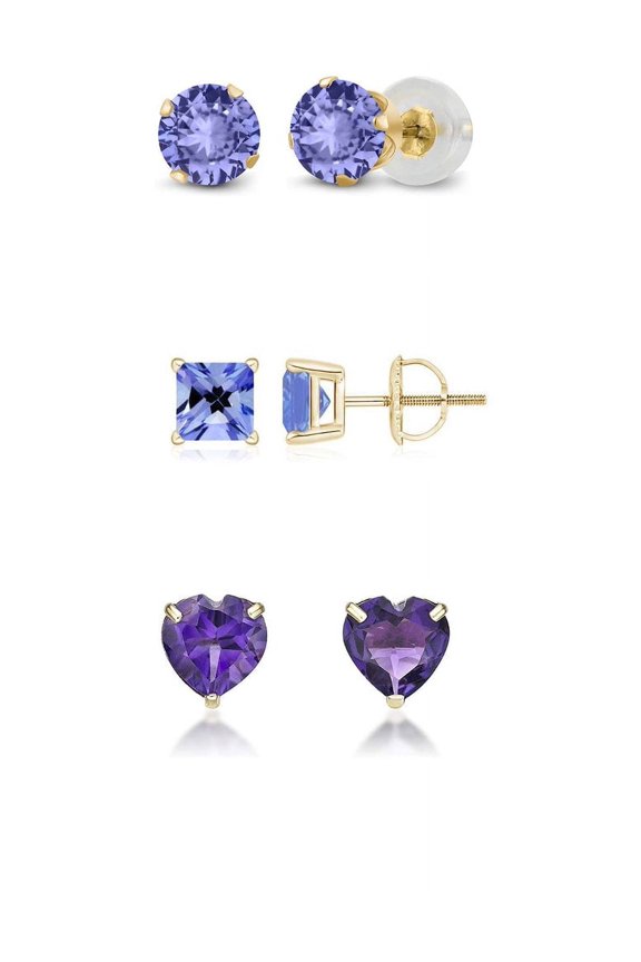 18k Yellow Gold Plated 6mm Created Tanzanite 3 Pair Round, Square And Heart Stud Earrings