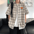 thumbnail image 1 of Camisa de hombre de manga corta a cuadros japonesa amarilla de corte entallado vintage que suaviza tu silueta, elegante estilo fino, blusas de media manga, 1 of 4