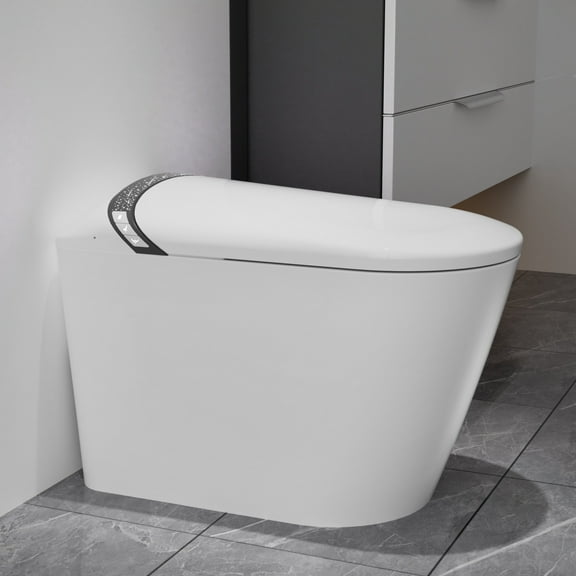 Elongated Smart Toilet with Built-In Bidet, Auto-Open/Closing Seat & Foot Sensor Flush, Heated Seat & Dryer, Tankless Design, LED Display & Night Light, White