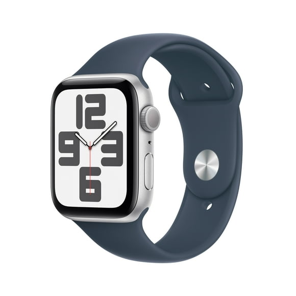 Apple Watch SE (2nd Gen) [GPS 44mm] Smartwatch with Silver Aluminum Case and Storm Blue Sport Band - S/M. Fitness & Sleep Tracker, Crash Detection, Heart Rate Monitor
