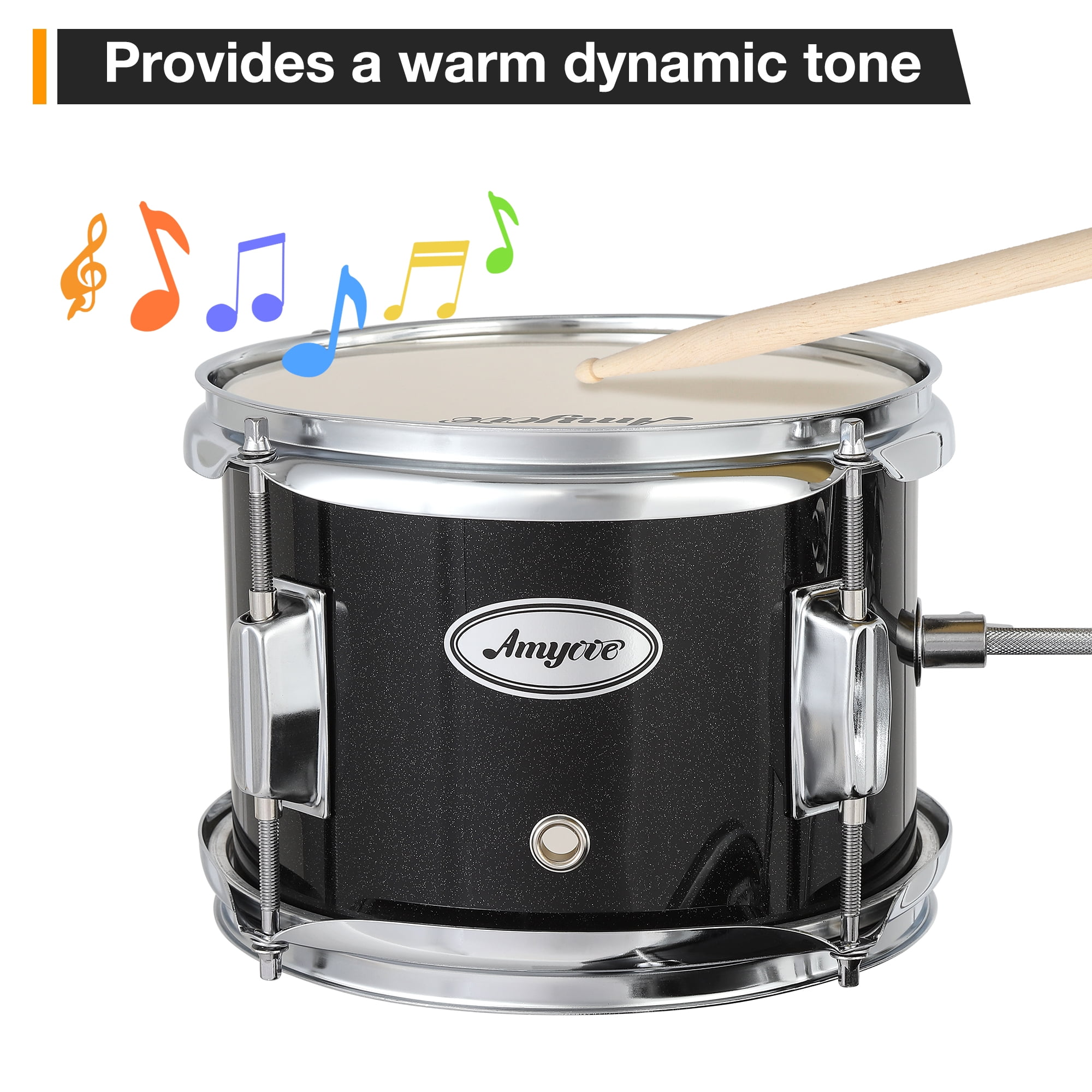 Drum Set, 3 Drum Acoustic Drum Set, Wood and Metal Structure, Black Finish, Junior Drum Set with Bass Tom Snare Drum