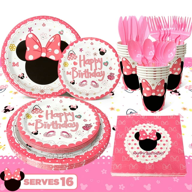 Minnie Mouse Birthday Party Supplies Pack,113pcs Pink Mouse Party Tableware Set - Minnie Mouse Birthday Plates and Cups Napkins Table Cloth etc Mouse Birthday Party Supplies for Girls