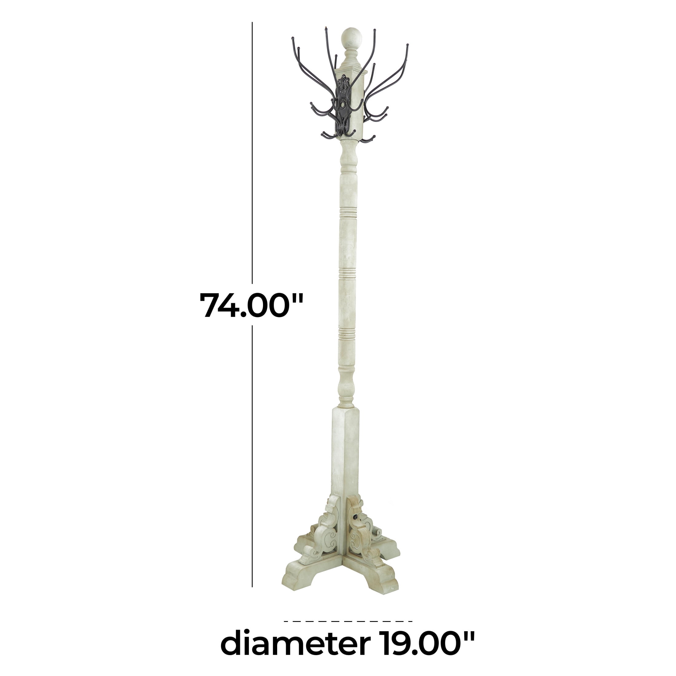 DecMode 19" x 74" Gray Wood Scroll Vintage Style 12 Hook Coat Rack with Black Metal Hooks, 1-Piece