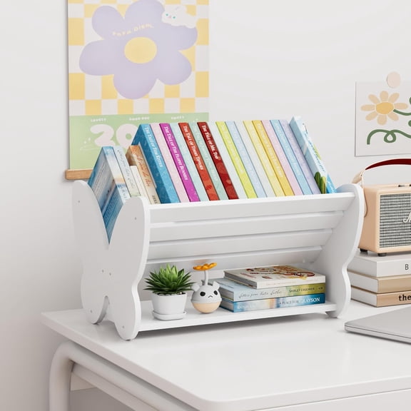 NACHES  Book Caddy with Shelf,Toddler Bookshelf, Book Storage Organizer, Small Bookshelf with Caddy for  Rooms, Nursery, Playroom(White Butterfly)