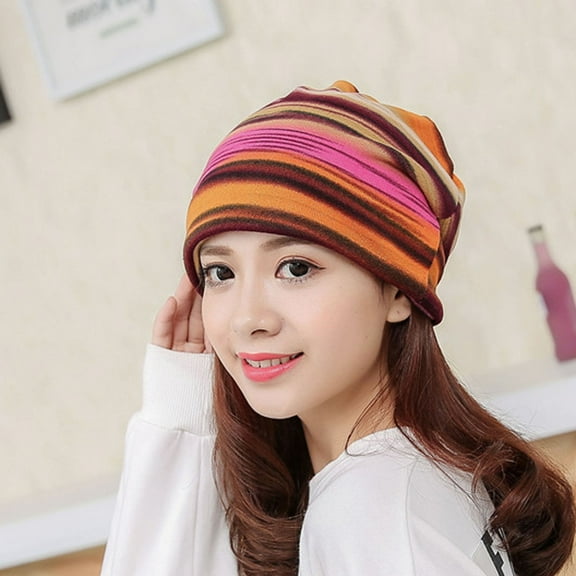 EQWLJWE Women Stripe Hat Ruffle Cancer Hat Beanie Scarf Collar Turban Head Wrap Cap