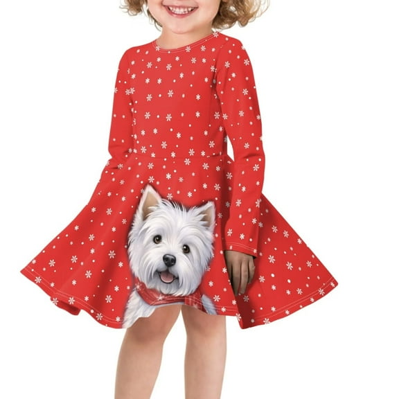 FKELYI Christmas Long Sleeve Dress Size 7-8 T Loose West Highland White Terrier Girls Dresses Comfy Snowflake Swing Twirl Skater Dress for Kids Girls