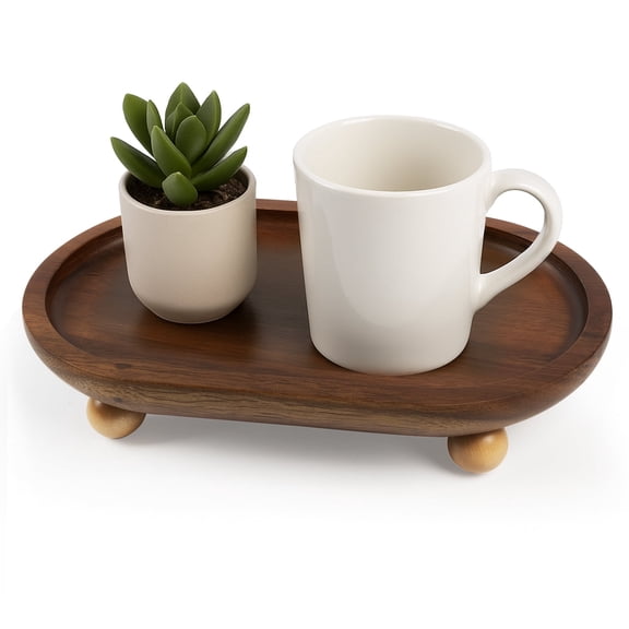 Garnen Wooden Tray Décor, Acacia Wooden Serving Tray, Oval Wood Tray Footed Kitchen Counter for Coffee Table Dessert Charcuterie Cheese Appetizer