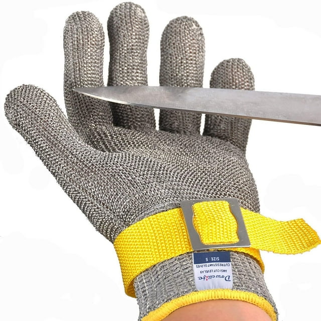 HAHDAXIA Niveau 9 Gant Résistant aux Coupures de Qualité Alimentaire, Gant en Maille d'Acier Inoxydable en Métal Couteau Gant de Coupe pour Boucher Découpe de Viande Écaillement d'Huître Mandoline de Cuisine Chef Tranchage Filet de Poisson (Small