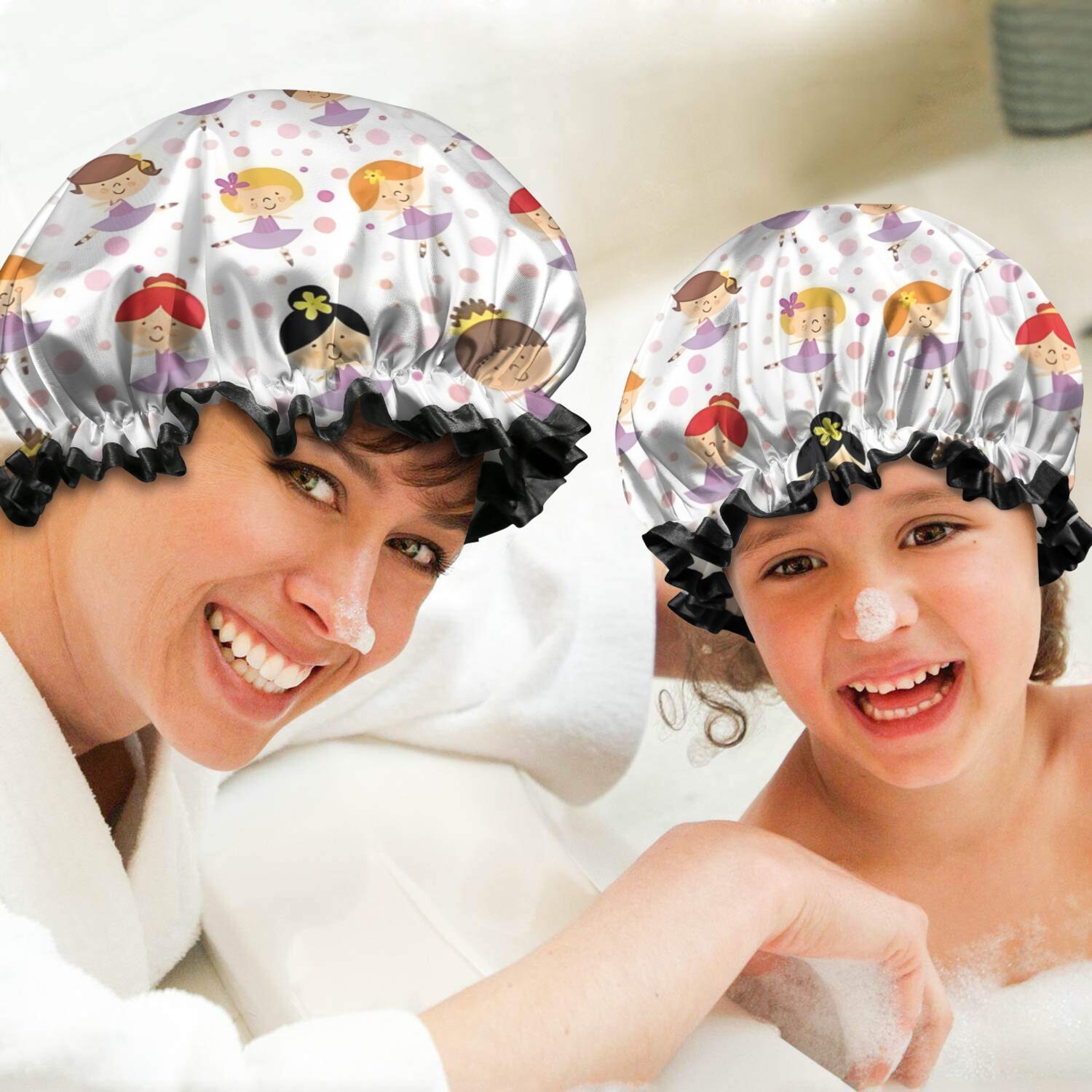 Shower Caps,Ballet Princess Girls Pattern Waterproof Shower Cap for Women 4 Pieces,Double Reusable Hair Cover for Shower PEVA Elastic Stretch Hem