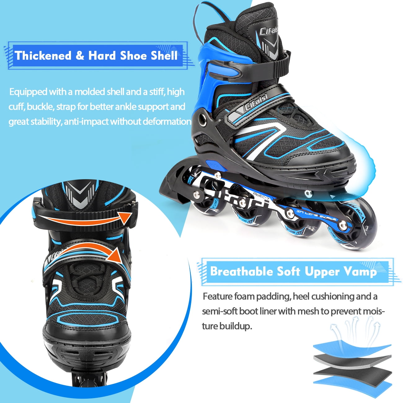 Cifaisi Adjustable Inline Skates with Full Illuminating Wheels, Aluminum Frame, Triple Protection System & ABEC-7 Bearings, Size S/M/L/XL