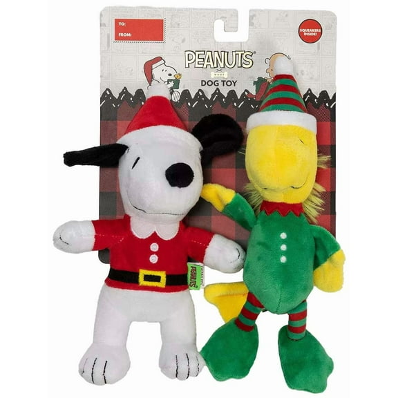 Peanuts Holiday Dog Toy Set Snoopy Santa & Woodstock Elf Plush 2-Pack with Squeakers
