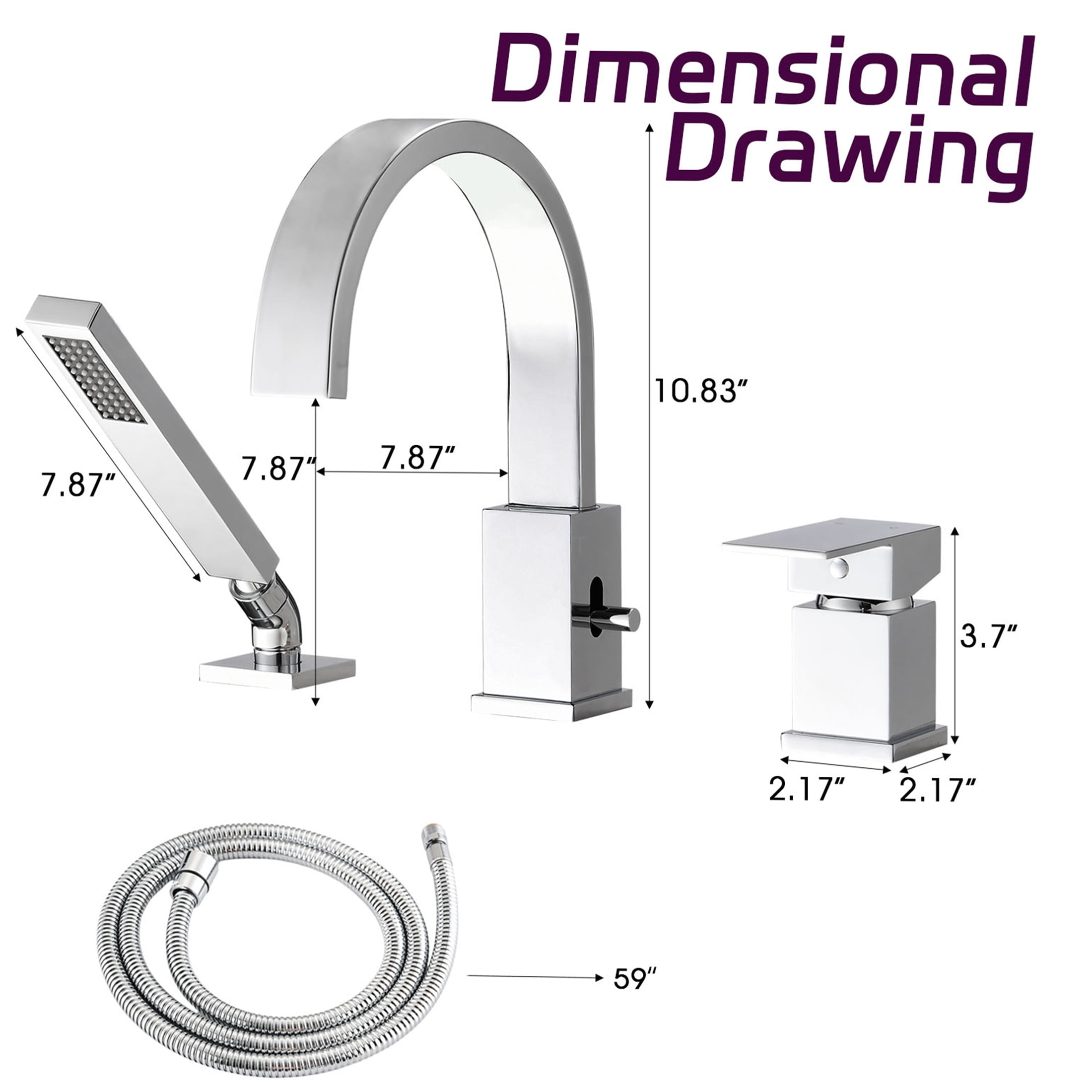 JERFIT Chrome 3-Hole Waterfall Roman Tub Filler Set with Handheld Shower, Deck Mount Stainless Steel Bathtub Faucet