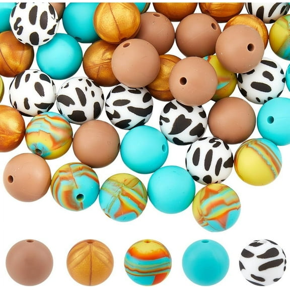 1 Box 50Pcs 5 Styles Silicone Bead Kit Rubber Beads Set 15mm Orange Blue Soft Round Flower Leopard Printed Loose Spacer Pen Bead for Jewelry Making Bracelet Keychain DIY Crafts Accessories Colorful