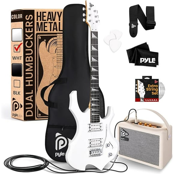 Pyle Heavy Metal EG Fire Electric Guitar Axe w/ Amplifier Kit, Full Size Instrument w/ Practice Amp & Accessories, White Matte