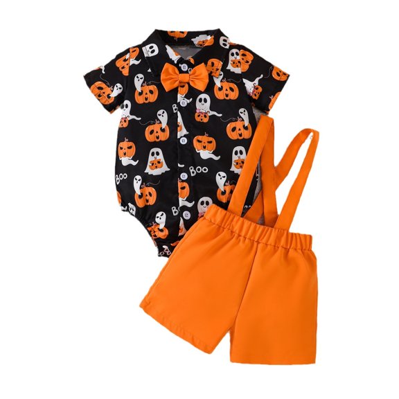 Bysome Boys Outfit Set Pumpkin Print Short Sleeve Lapel Neck Tops With Solid Color Overalls Outfit Halloween Comfortable Boys Set Size 18-24 Months Black