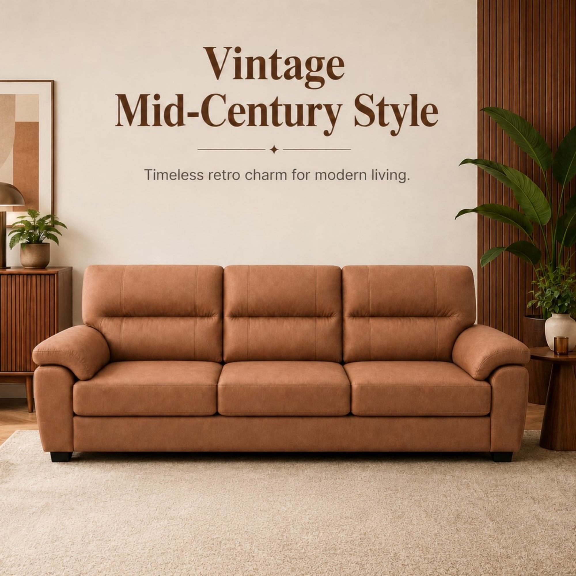 DEALTOPS 84" Tech Cloth 3-Seat Sofa, Mid-Century Vintage Couch with Pillow Arms, Brown
