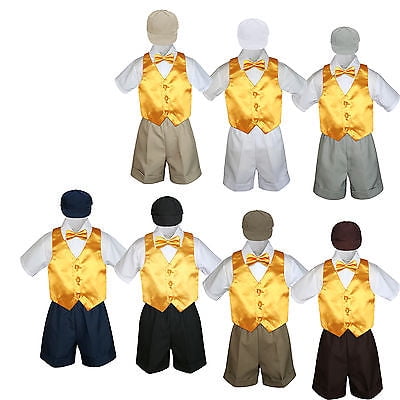 

5pc Boy Toddler Formal Yellow Vest Bow Tie Black Brown Gray Navy Hat Shorts S-4T