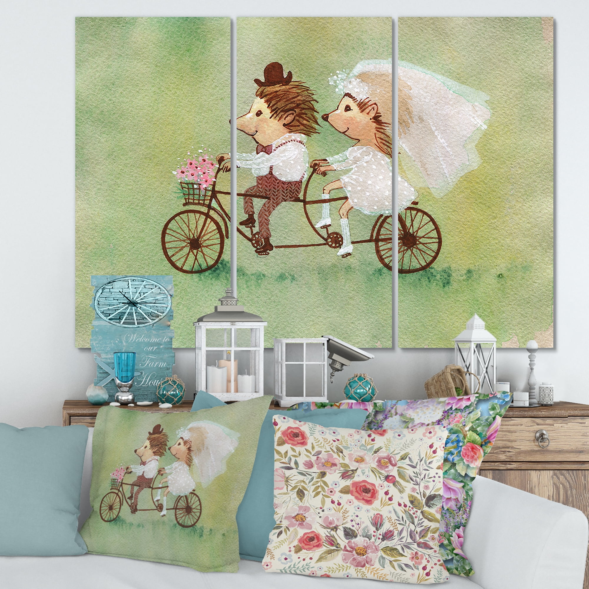 Wedding Couple of Hedgehogs Riding A Bike 28 in x 36 in Painting Canvas Art Print, by Designart
