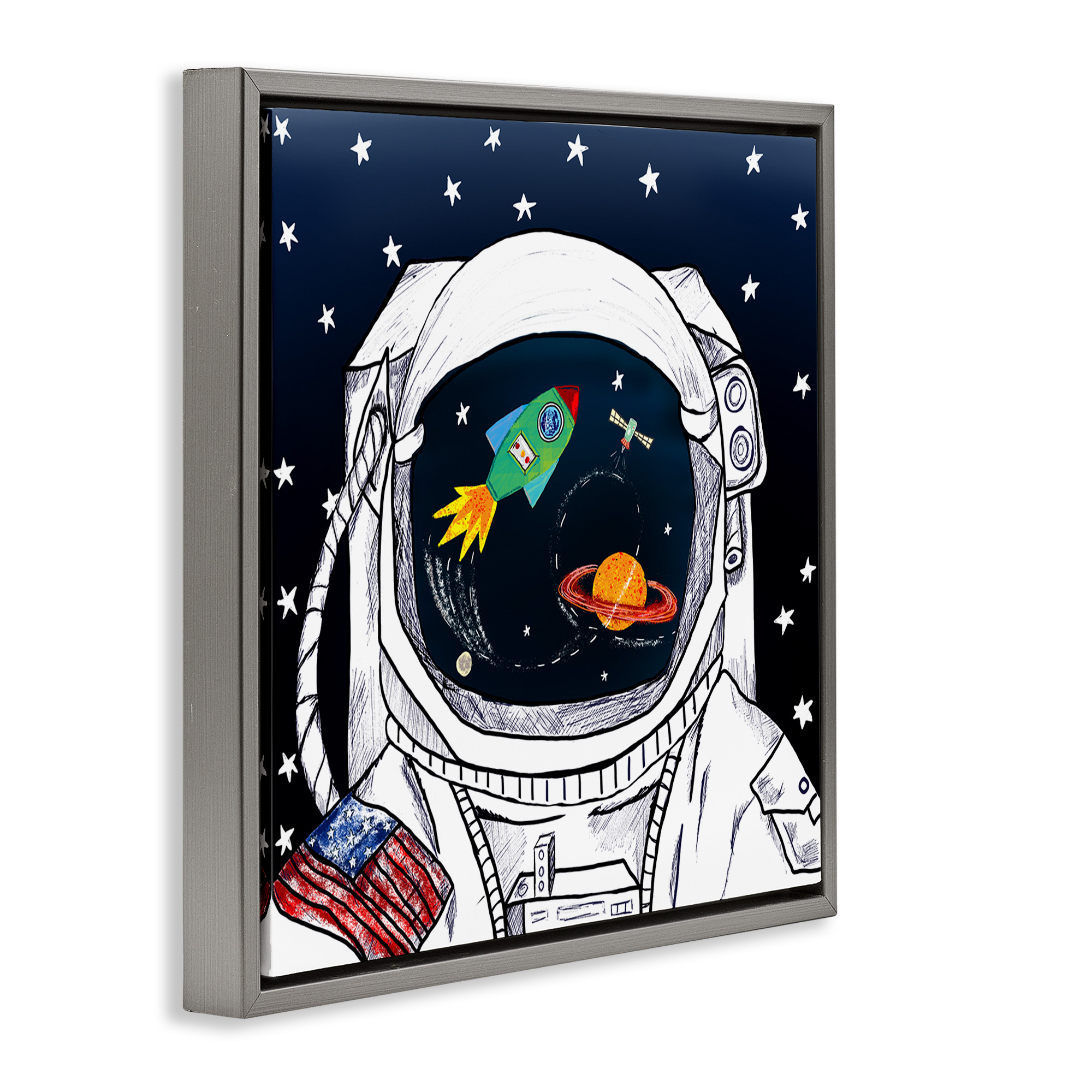 Stupell Industries Astronaut Space Suit Galaxy Fairy Tales & Fantasy Painting Gray Floater Framed Canvas Art Print Wall Art, 25 x 25