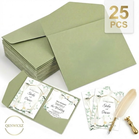 Qenwkxz 25pcs Mint Green Trifold Wedding Invitation Card Pocket Envelope for 5x7 Wedding Cards Bridal Shower Engagement Quinceanera Invitation Mermail Holiday Party