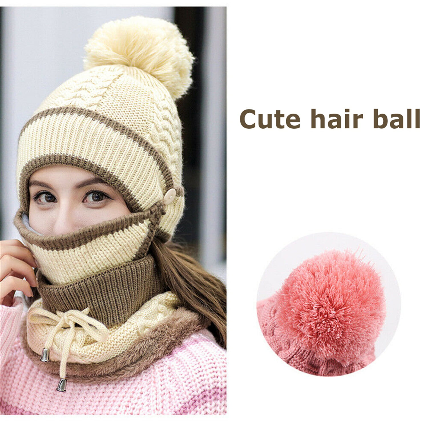 UMIPUBO 3 in 1 Winter Scarf Set Women Warm Scarf Set Thickend Knitted Beanie Hat Scarf Face Cover Pom Pom Cap Girls Warm Hat Earmuffs Cap for Indoor and Outdoor Sports