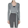 thumbnail image 3 of BiZtdJrK Wrap Tie Tops Women Deep V Neck Long Sleeve Yoga Crop Tees Lightweight Ballet Workout Shirts Slim Street Y2k Top Gray L, 3 of 6
