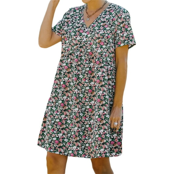 hirigin Summer Loose Breathable Dresses for Women, V-neck Short Sleeve Cool Floral Printing Temperament Leisure Style Middle Skirt