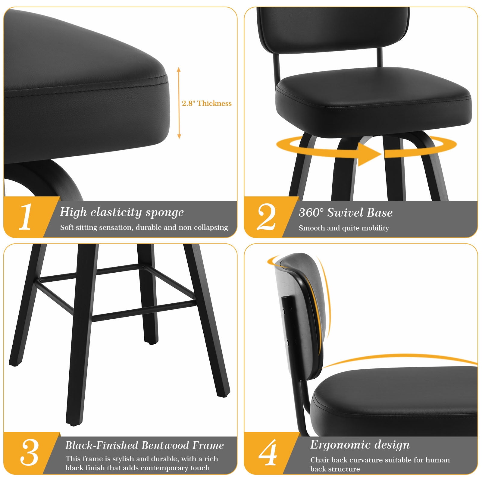 Foreate Swivel PU Bar Stools, Set of 4, 29" Bar Height Upholstered Leather with Mid-Back Wood Legs, Modern Chair Island Counter Stool for Kitchen, Black