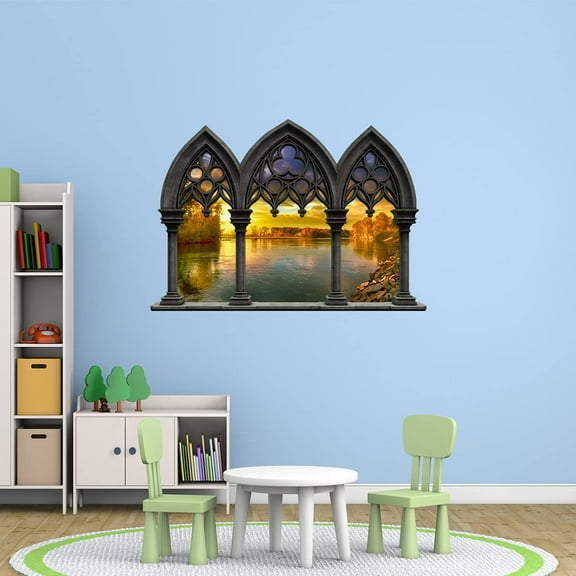 VWAQ - Castle Window Decals for Walls Peel and Stick Lake Scenery Nature Decor Sticker - NWC13
