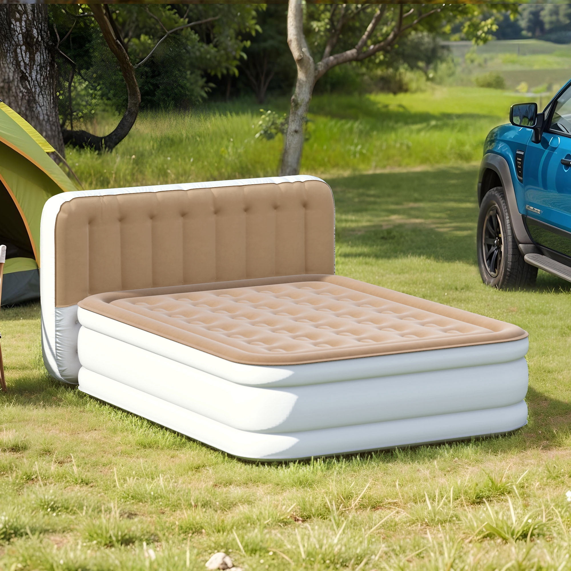 Uforic 18" Queen Air Mattress with Built-in Pump, Flocked Top Inflatable Bed with Banded Headboard for Home, Camping & Guests, Khaki