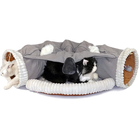Best Cat Tunnel Bed, 2-in-1 Cat Play Tunnel with Cushion, Indoor Tube with Dangling Ball Toy, Detachable, Collapsible and Washable Tunnel Nest Cave for Kittens, Large Cats, Bunny Rabbits, Gray