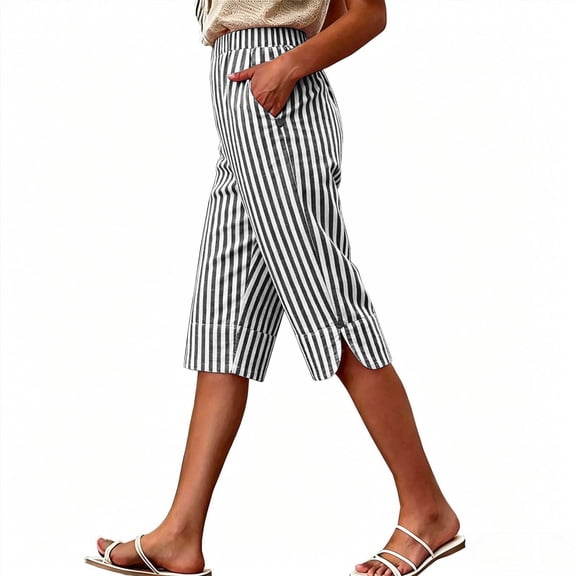 Womens High Waist Casual Pants Striped Elastic Capri Pants with Pockets Summer Relaxed Fit Pant