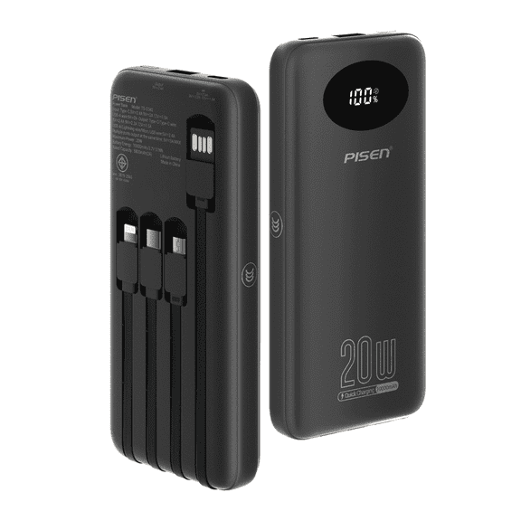 PISEN 10000mAh 3C Certified Power Bank, 20W PD Fast Charging Portable Charger with 4 Built-in Charging Cables, LED Display for iPhone, Samsung , Android Devices