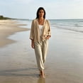 thumbnail image 4 of Women's Oversized 3/4 Sleeve Linen Cardigan Open Front Button Cropped Loose Casual Daily Shirt Tops Khaki Soft Loose Fitting Cardigan for Daily Wear XXL, 4 of 7