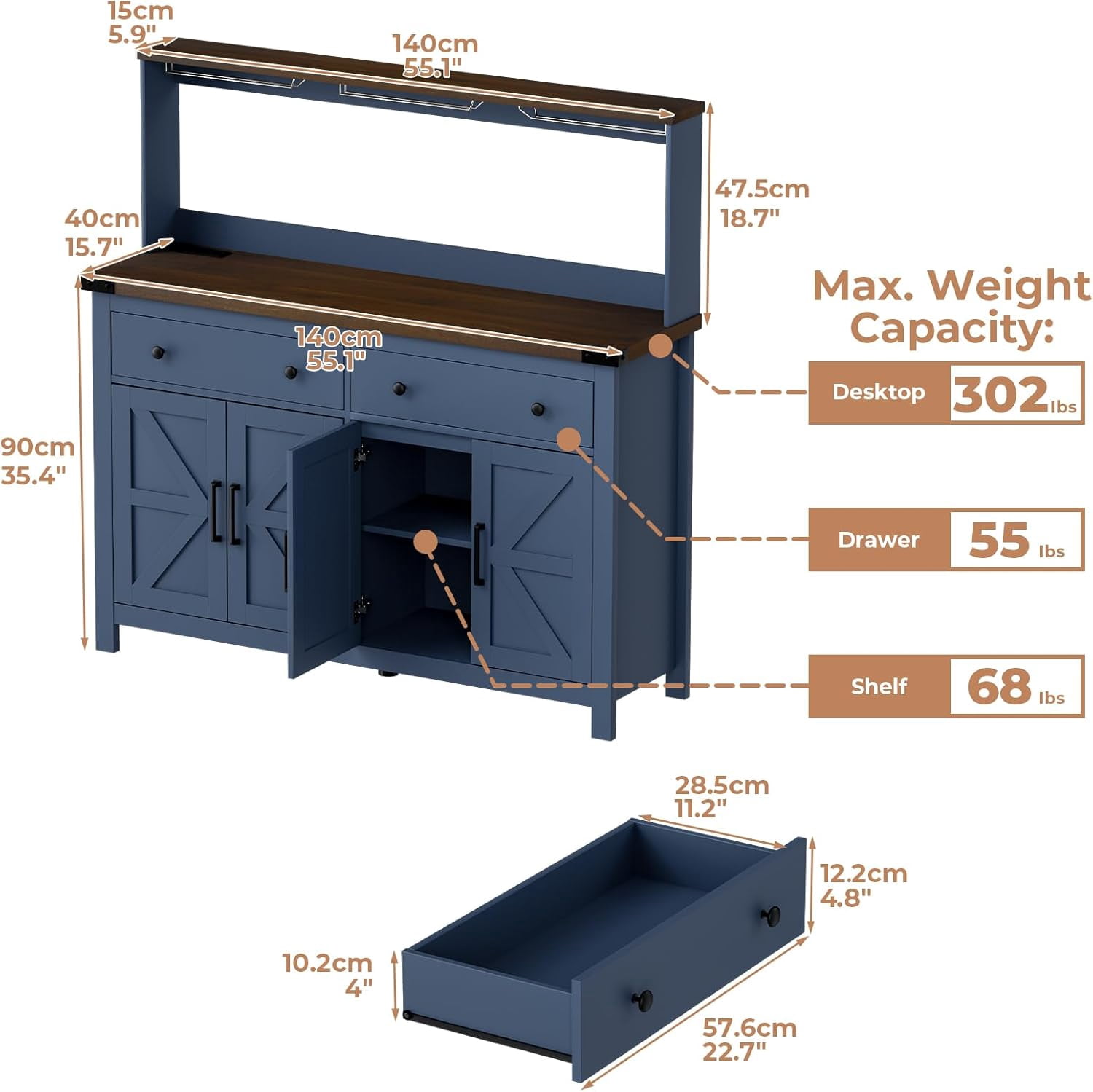 HAUXITIO Storage Cabinet Buffet with Drawers and Charging Station,Coffee Bar Cabinet,Sideboard with Barn Doors,Wine Rack and Hooks,Blue