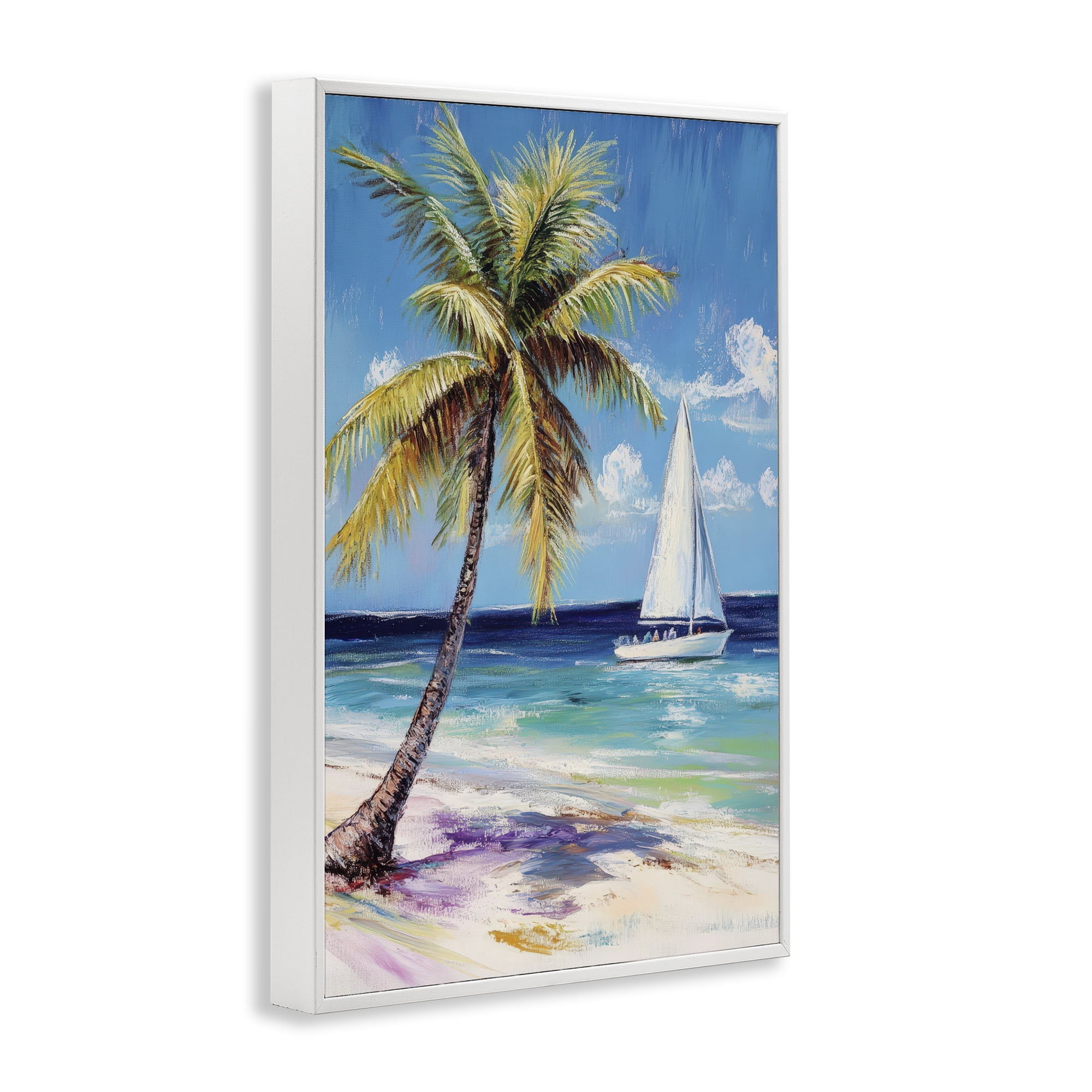 Stupell Industries Sailboat Delight with Palm Tree White Framed Giclee Art, design by Petal Prints Design