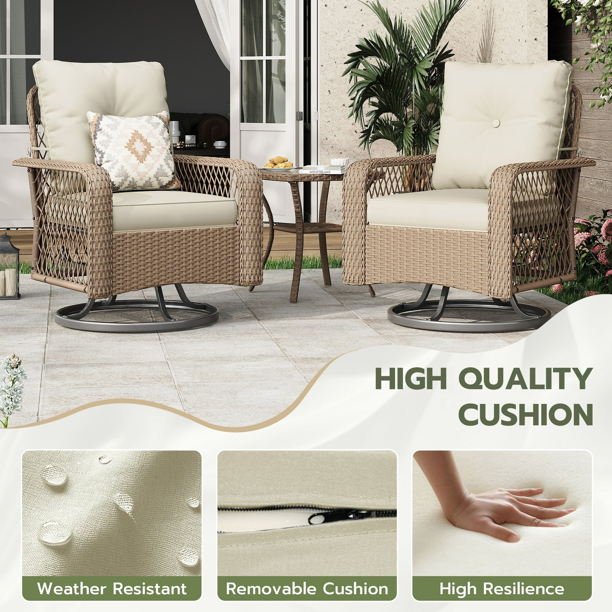 POTEBAN 3 Pieces Patio Furniture Set, Outdoor Swivel Gliders Rocker, Glass Top Side Table (Khaki)